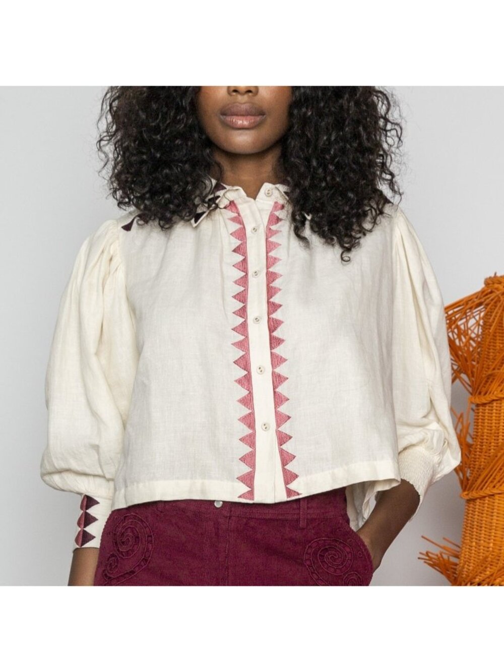 NEW Carolina K- XS Eliza Embroidery Cotton Linen Women's Top Gardenia Cream $375